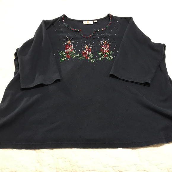 QF navy blue holiday 3/4 sleeve top with 3 blingy candles — sparkly! (2X) - Picture 13 of 16